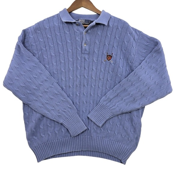 VTG POLO RALPH LAUREN Mens XL Cable Knit Collared Sweater Blue Crest Preppy Golf